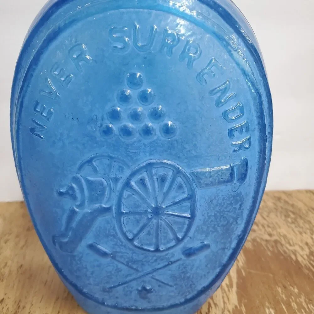 1970 Ezra Brooks Never Surrender Blue Glass Whiskey Bourbon Decanter Bottle